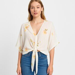 Polly Esther Women's White Yellow Flowers Short Sleeve Top Size S
